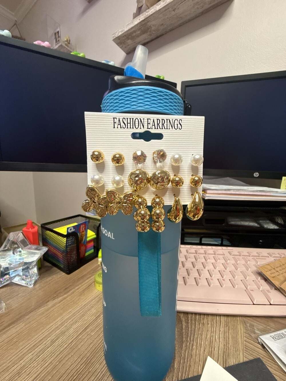 9 Pairs Fashion Earring Set Gold Tone Butterfly Pearl and Rhinestone Studs